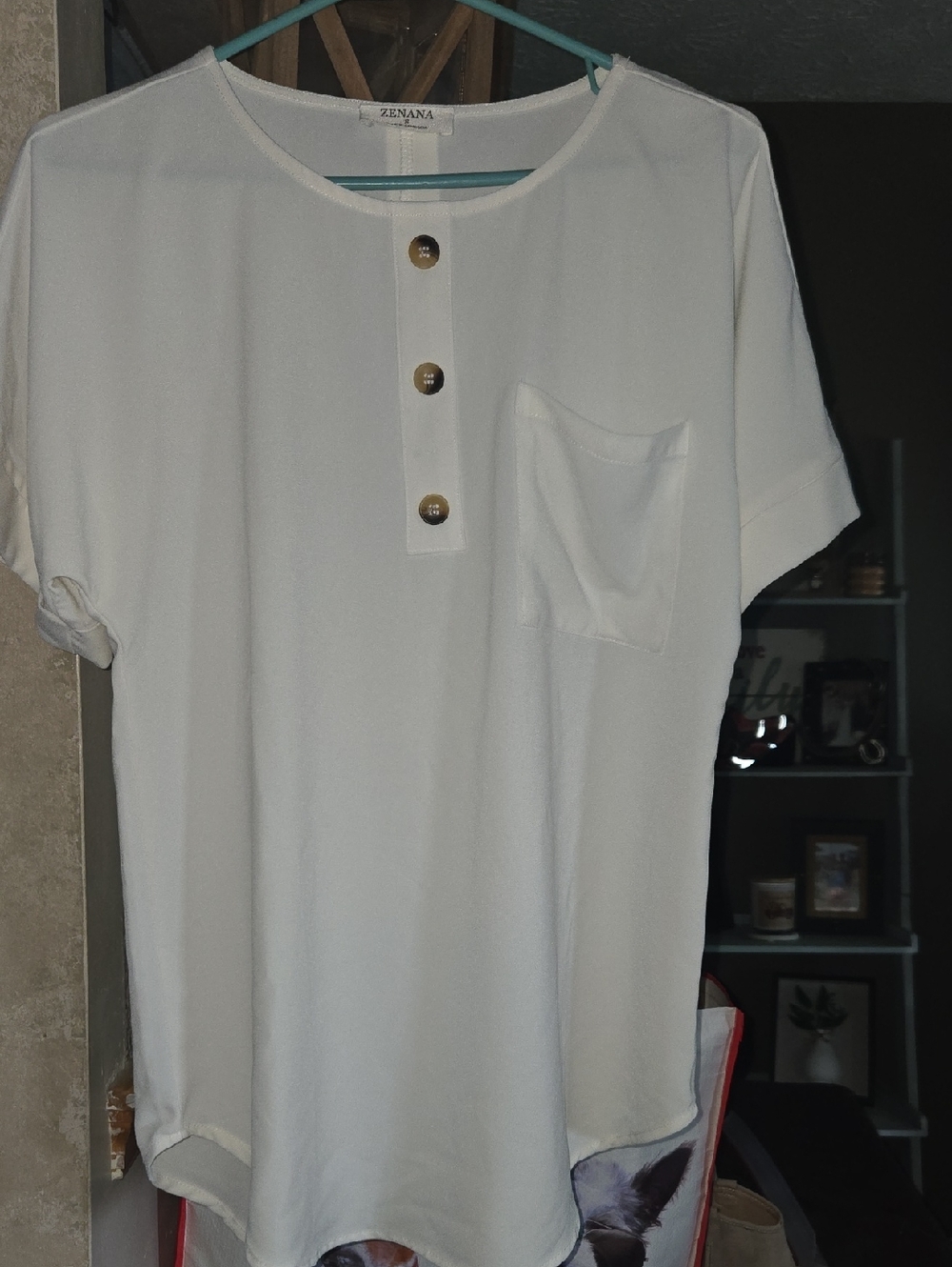 Zenana Outfitters White Short Sleeve Henley Pocket Tee with Wood Buttons